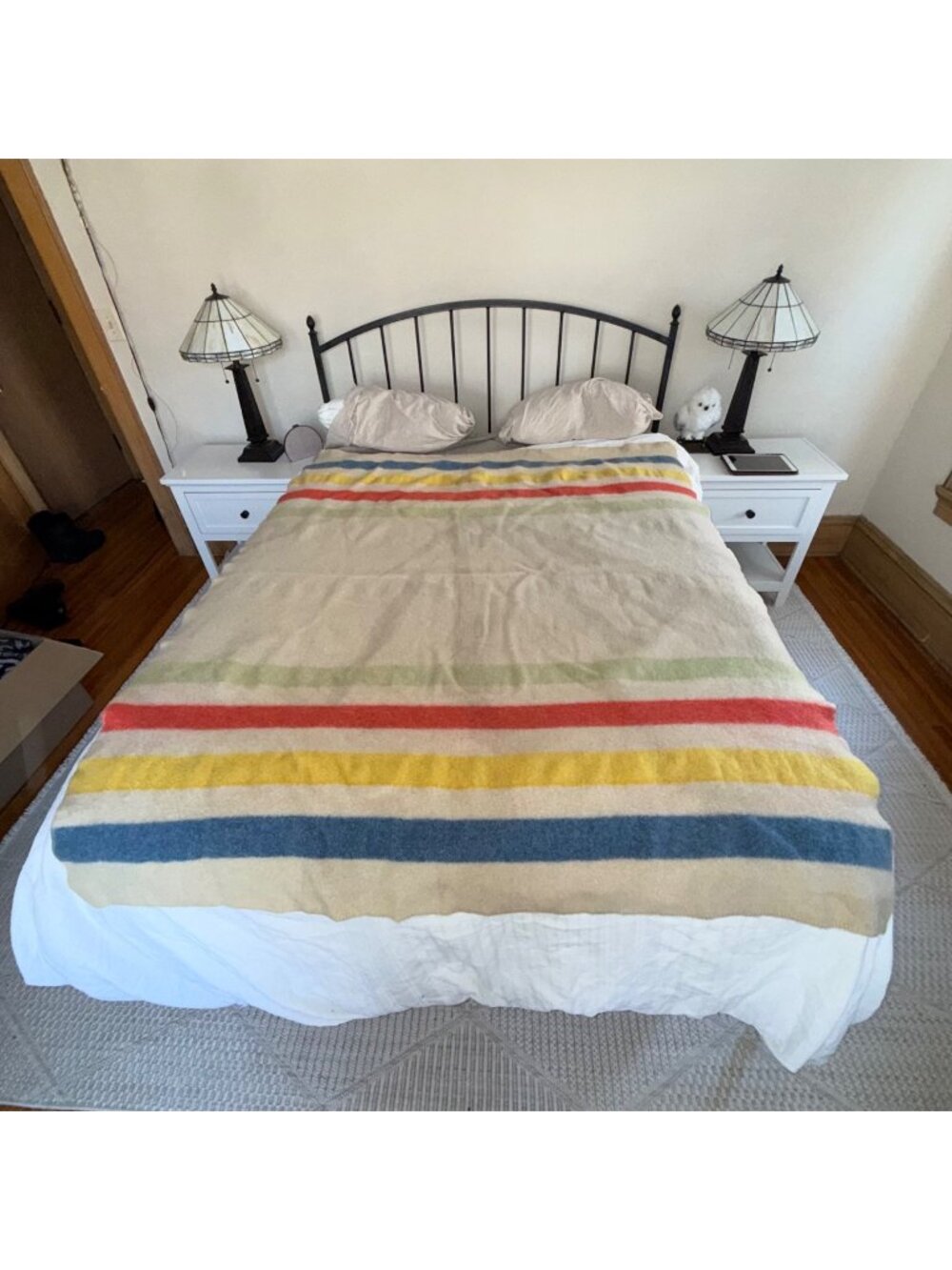 Vintage Wool Blanket With Colorful Stripes 59"x69" Hudsons Bay Style Beige Base